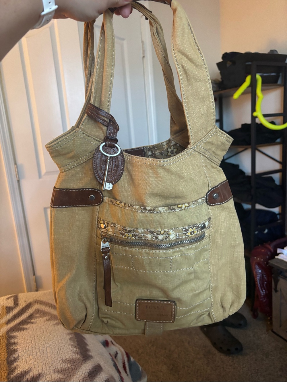 Fossil 1954 Canvas Shoulder Bag with Brown Leather Trim - Tan